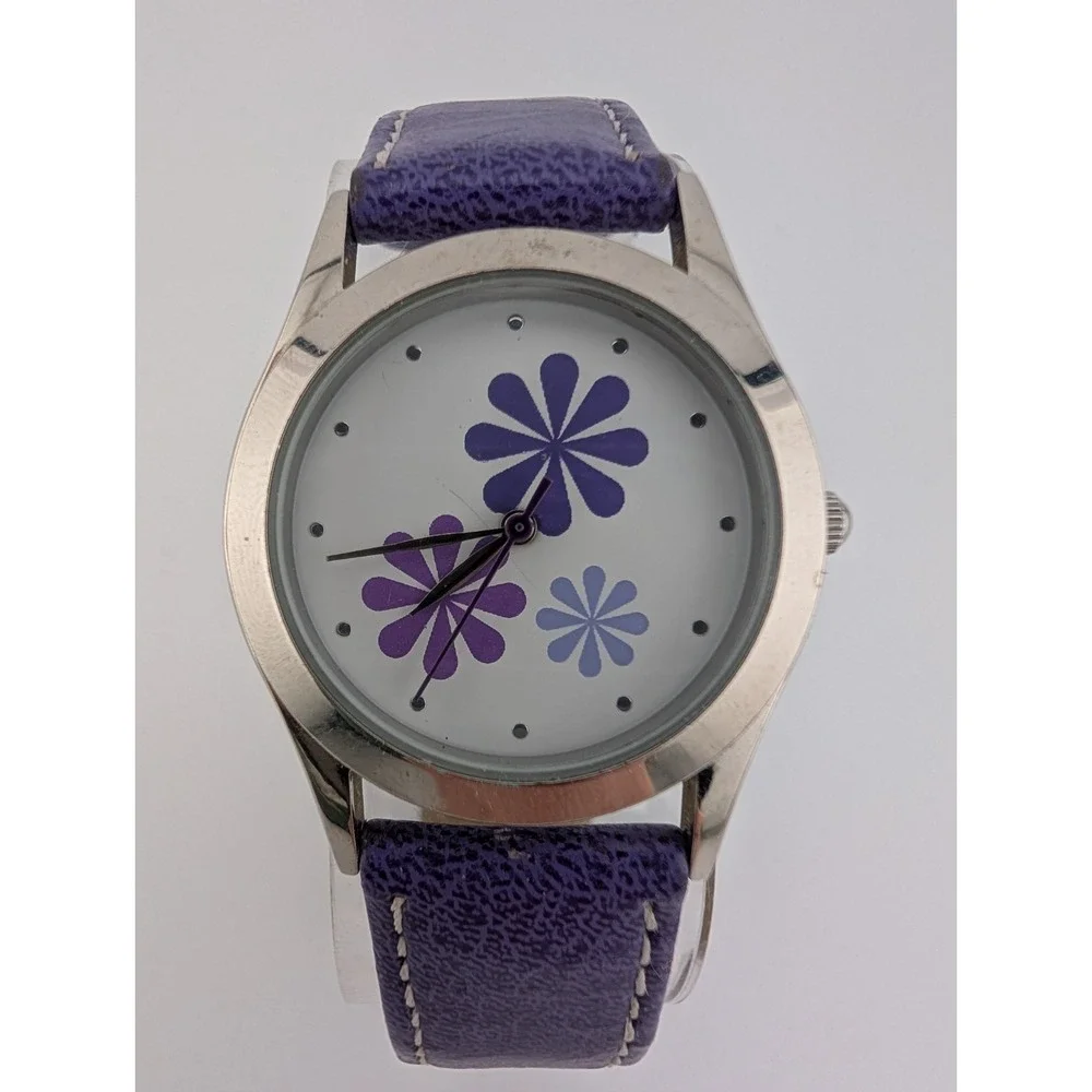 Avon Spring Fling Watch Women 32mm Silver Case Purple‎ Band- New Battery